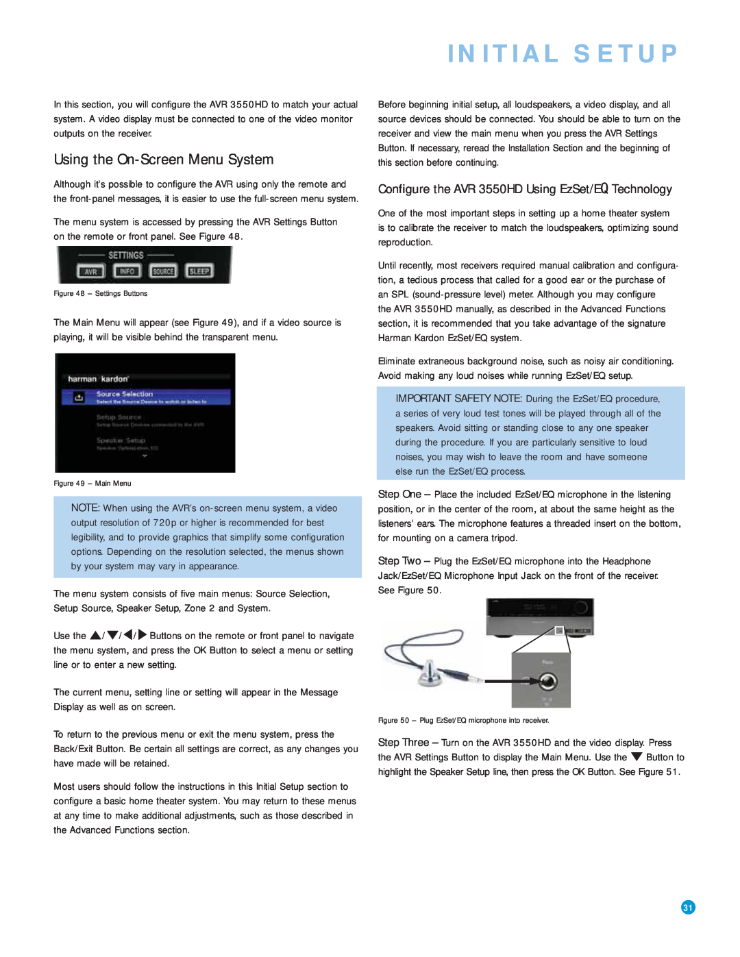Harman-Kardon AVR 3550HD owner manual Initial Setup, Using the On-ScreenMenu System 