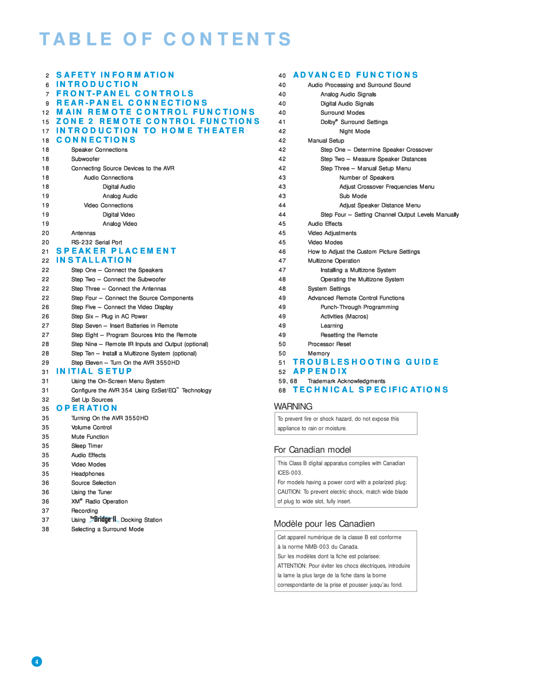 Harman-Kardon AVR 3550HD owner manual Table Of Contents, For Canadian model, Modèle pour les Canadien 
