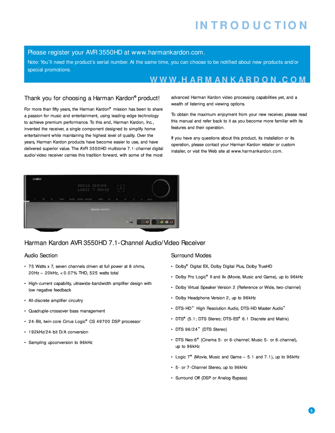 Harman-Kardon AVR 3550HD Introduction, Thank you for choosing a Harman Kardon product, Audio Section, Surround Modes 