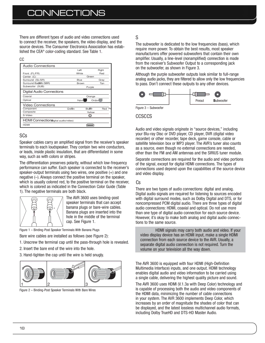 Harman-Kardon AVR 3600 owner manual Speaker Connections, Subwoofer, Connecting Source Devices to the AVR, Audio Connections 