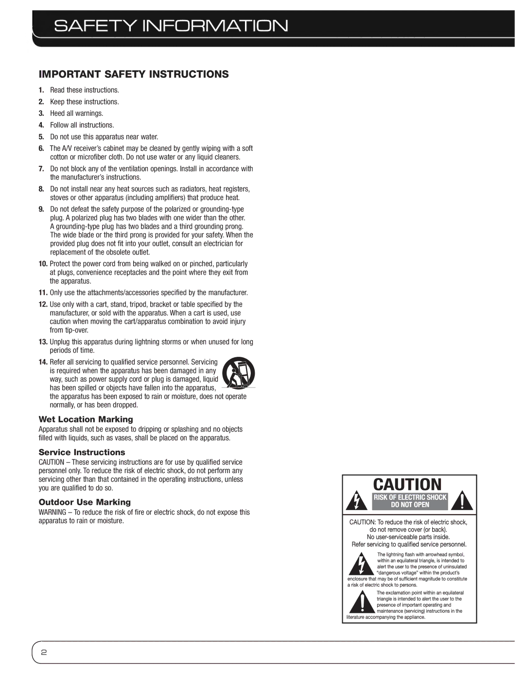 Harman-Kardon AVR 3600 owner manual Safety Information, Important Safety Instructions, Wet Location Marking 