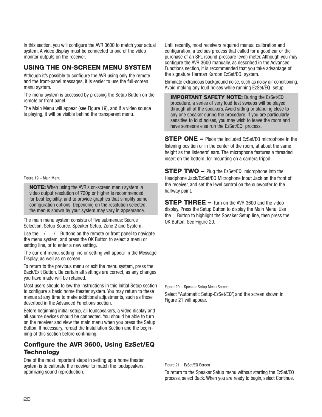 Harman-Kardon Initial Setup, Using the ON-SCREEN Menu System, Configure the AVR 3600, Using EzSet/EQ Technology 