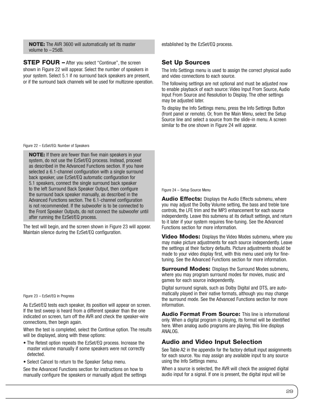 Harman-Kardon AVR 3600 owner manual Set Up Sources, Audio and Video Input Selection, Established by the EzSet/EQ process 