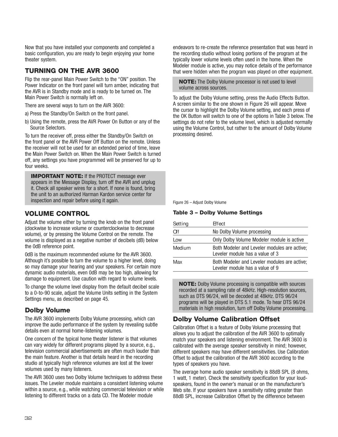 Harman-Kardon AVR 3600 owner manual Operation, Turning on the AVR, Volume Control, Dolby Volume Calibration Offset 