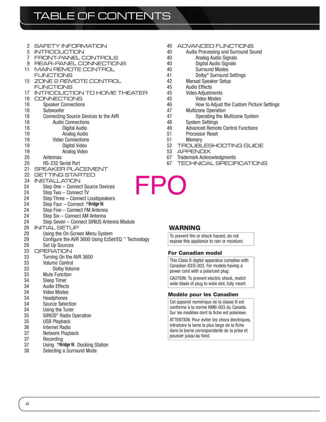 Harman-Kardon AVR 3600 owner manual Fpo, Table of Contents 