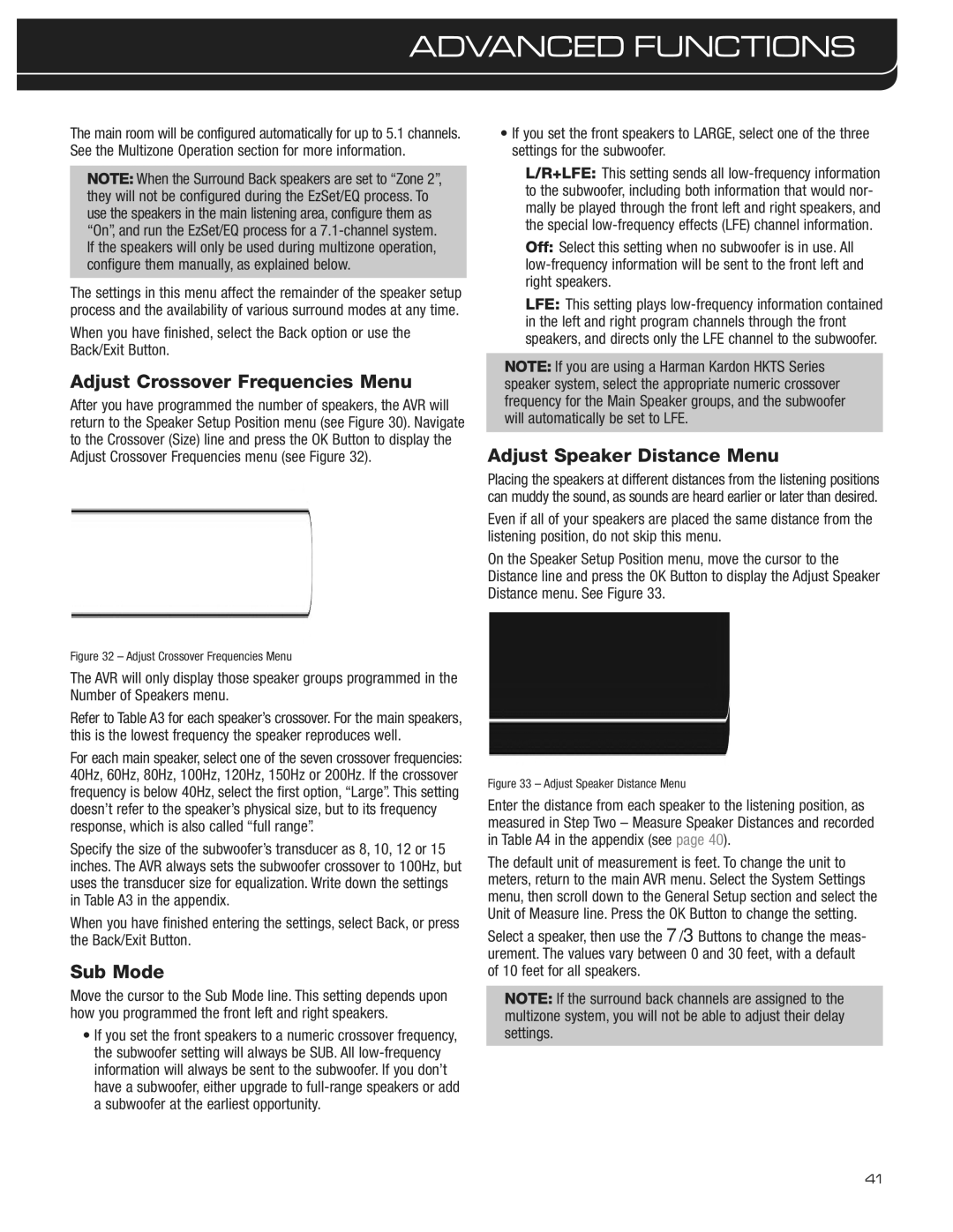 Harman-Kardon AVR 3600 owner manual Adjust Crossover Frequencies Menu, Adjust Speaker Distance Menu, Sub Mode 