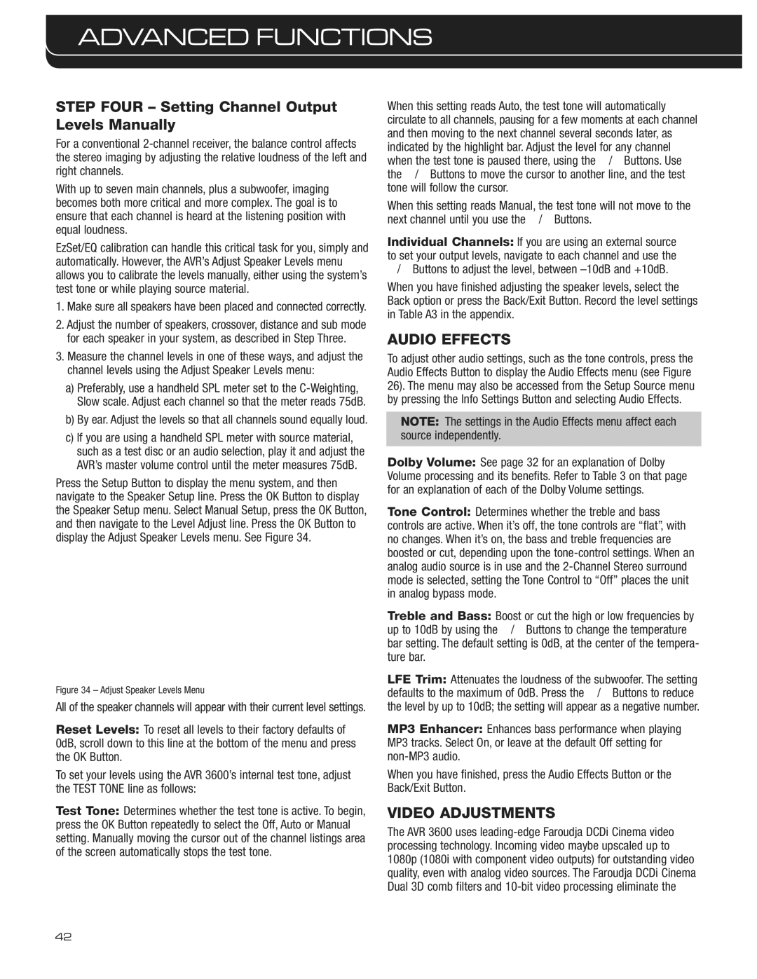 Harman-Kardon AVR 3600 owner manual Step Four Setting Channel Output Levels Manually, Video Adjustments 