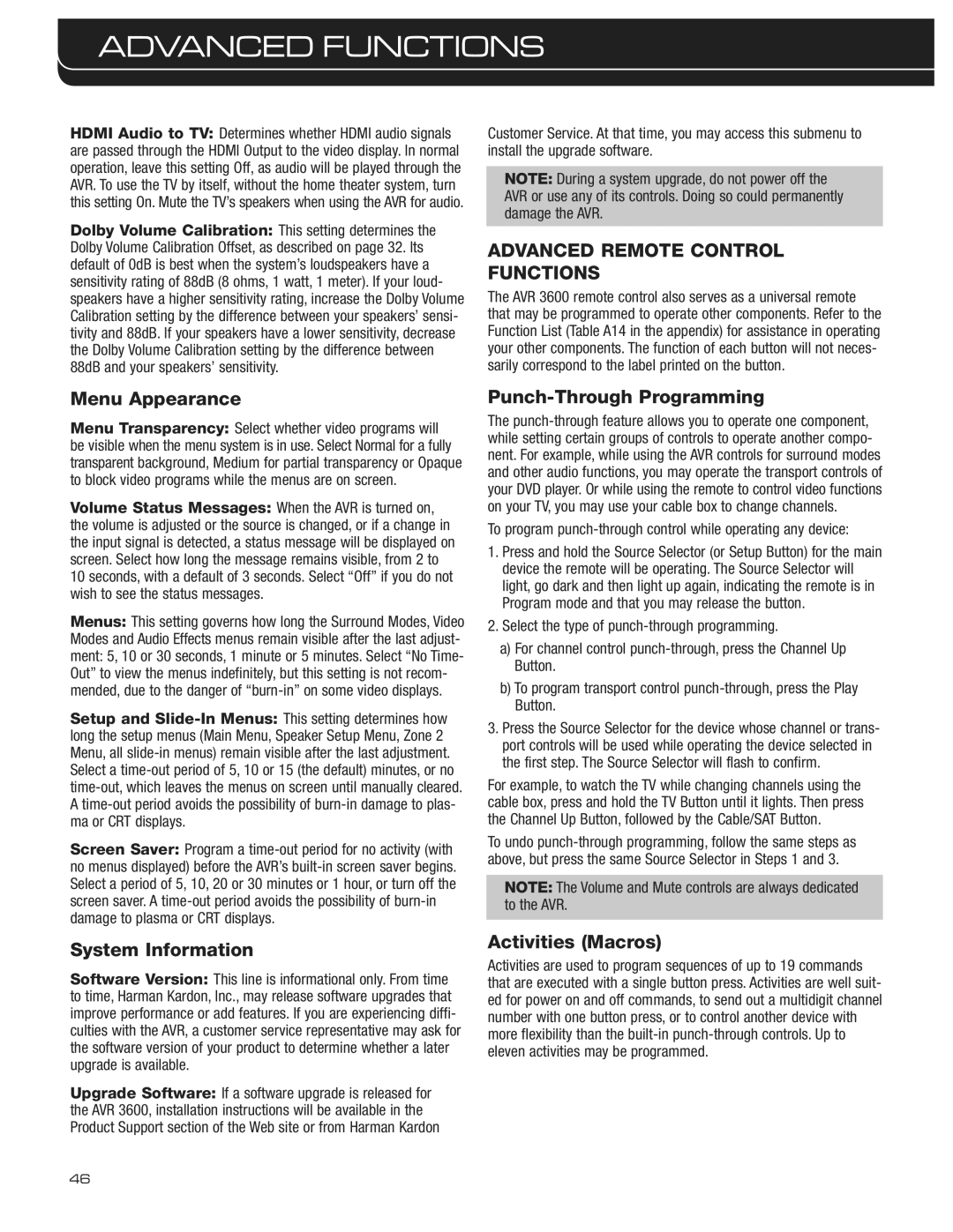 Harman-Kardon AVR 3600 Advanced Remote Control Functions, Menu Appearance, System Information, Punch-Through Programming 