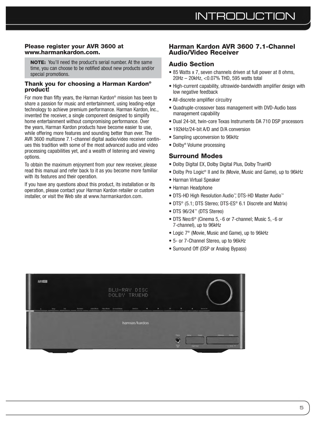 Harman-Kardon AVR 3600 owner manual Introduction, Surround Modes 