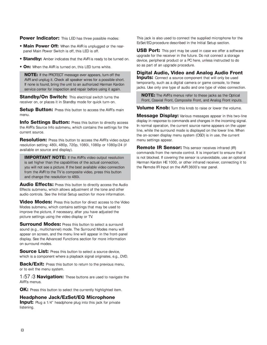 Harman-Kardon AVR 3600 owner manual FRONT-PANEL Controls, On When the AVR is turned on, this LED turns white 