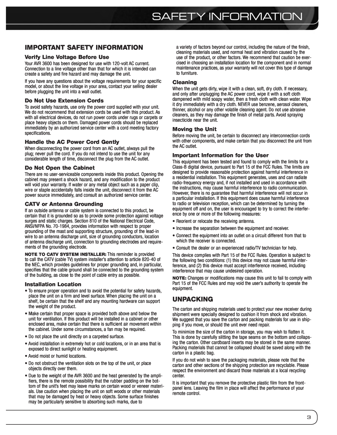 Harman-Kardon AVR 3600 Important Safety Information, Unpacking, Verify Line Voltage Before Use, Do Not Use Extension Cords 