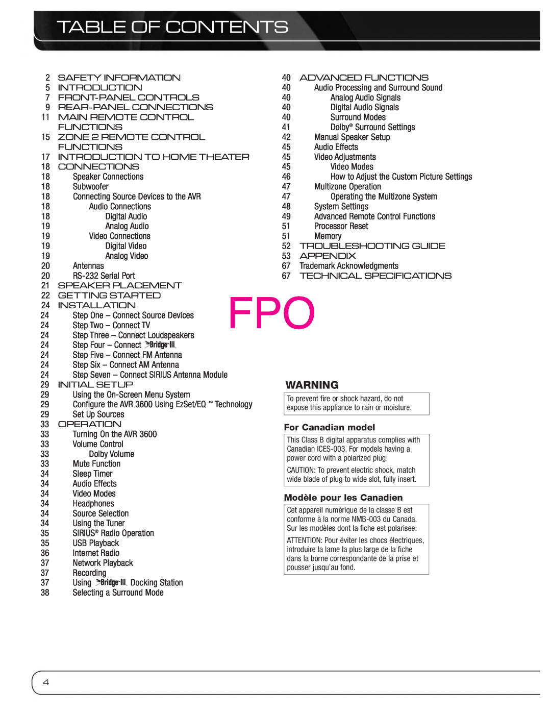Harman-Kardon AVR 3600 owner manual Table Of Contents 