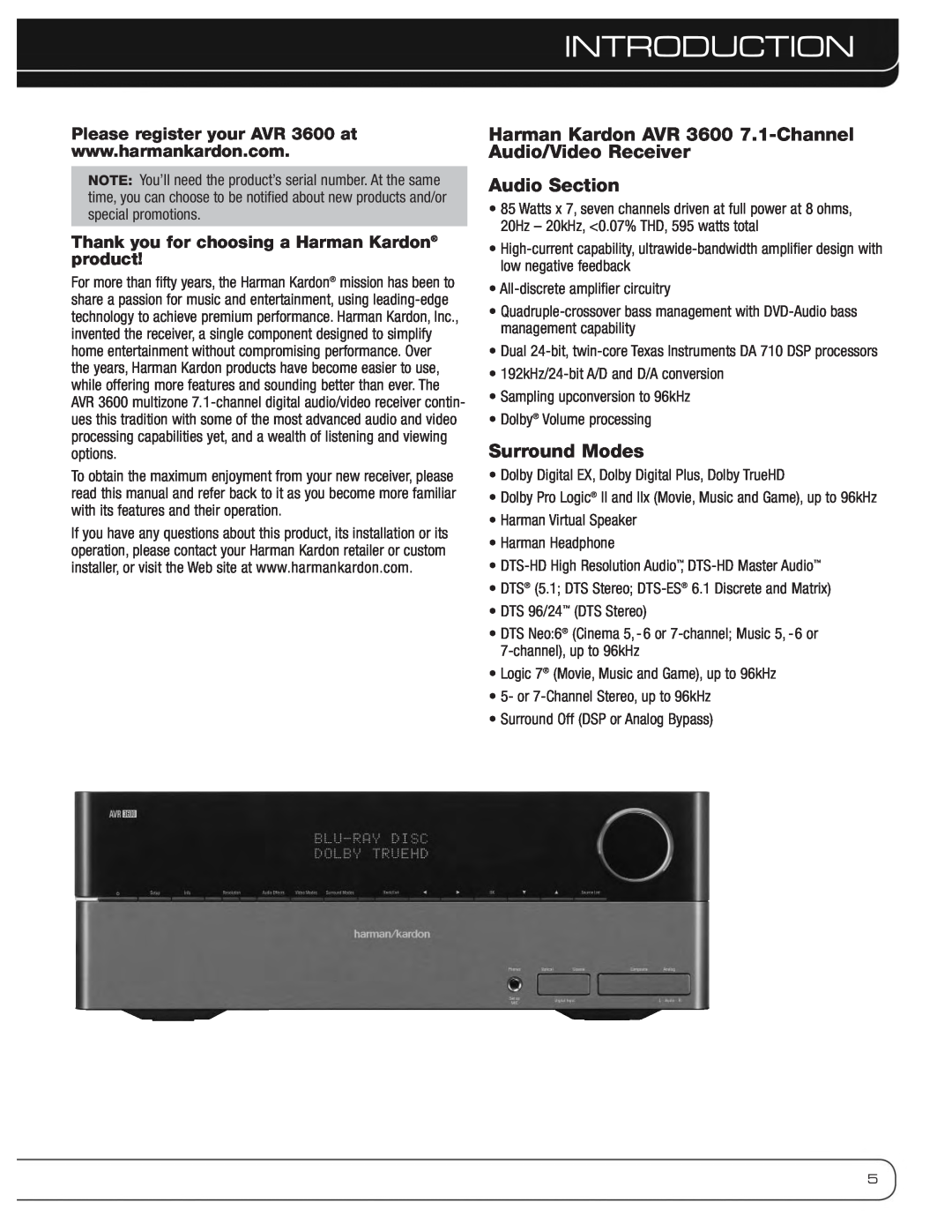 Harman-Kardon owner manual Introduction, Audio Section, Surround Modes, Please register your AVR 3600 at 