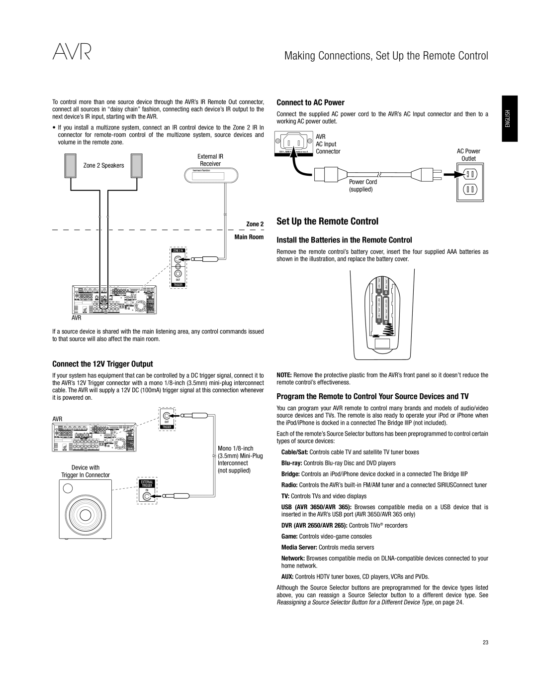 Harman-Kardon AVR 2650, AVR 3650 owner manual Set Up the Remote Control, Connect the 12V Trigger Output, Connect to AC Power 