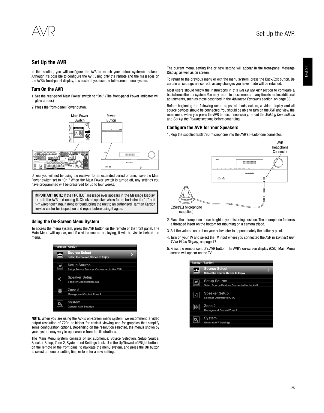 Harman-Kardon AVR 3650, AVR 2650 owner manual Set Up the AVR, Turn On the AVR, Using the On-Screen Menu System 