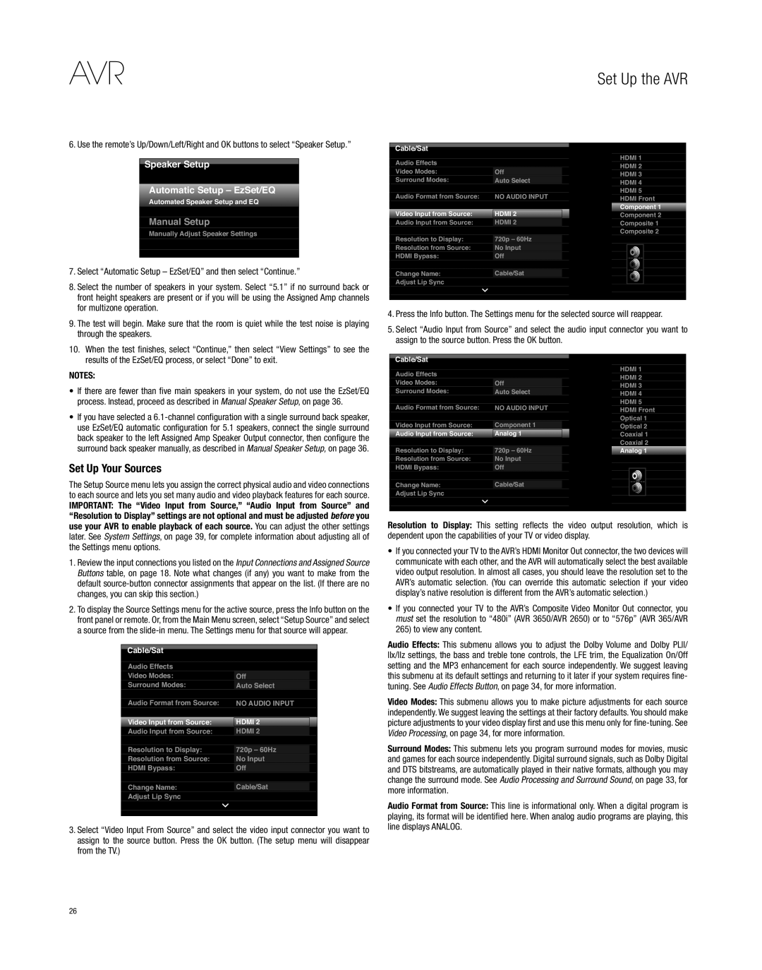 Harman-Kardon AVR 3650, AVR 2650 owner manual Set Up Your Sources, Speaker Setup Automatic Setup EzSet/EQ 