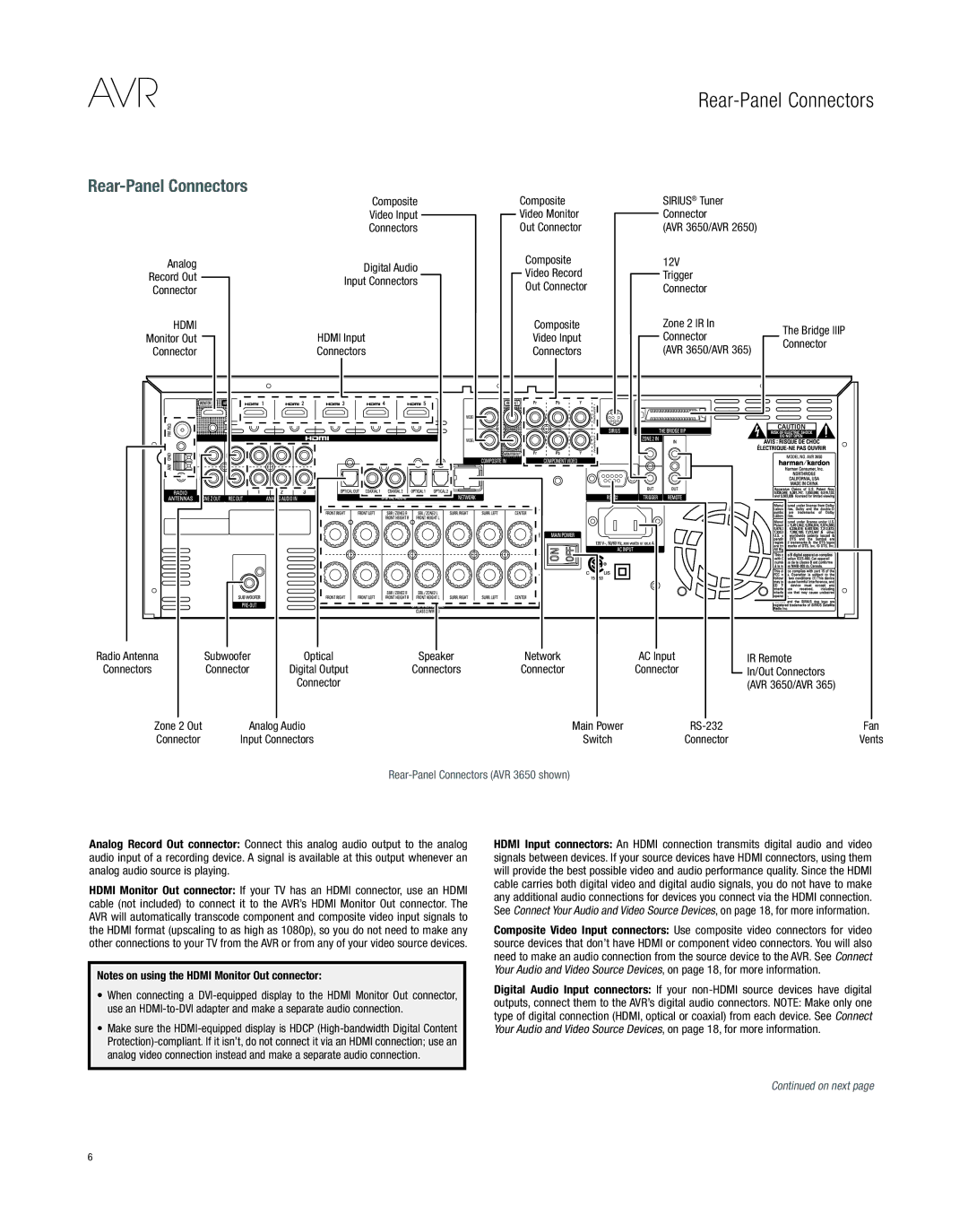 Harman-Kardon AVR 3650, AVR 2650 owner manual Rear-Panel Connectors 