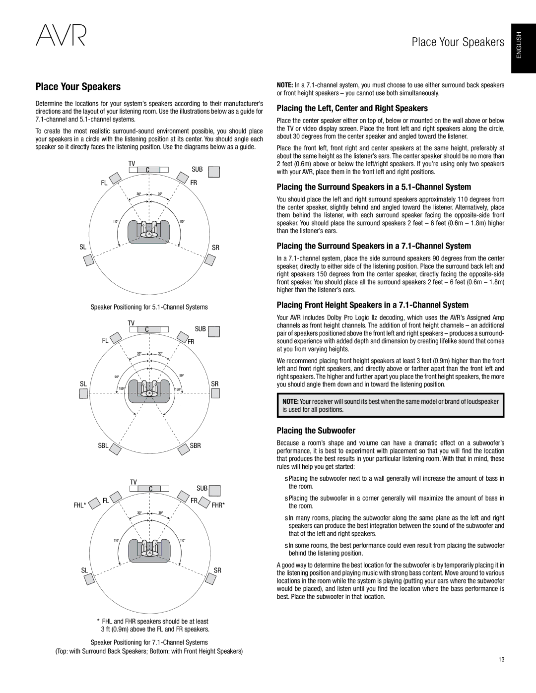 Harman-Kardon AVR 2700, AVR 3700 owner manual Place Your Speakers 