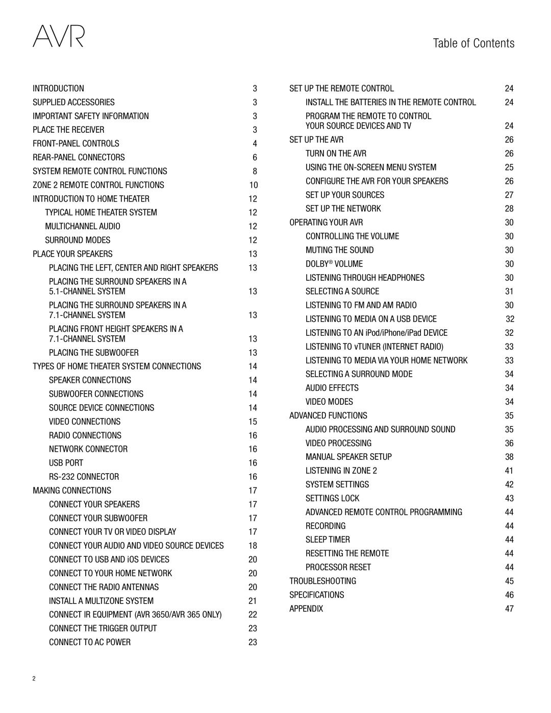 Harman-Kardon AVR 3700, AVR 2700 owner manual Avr, Table of Contents 