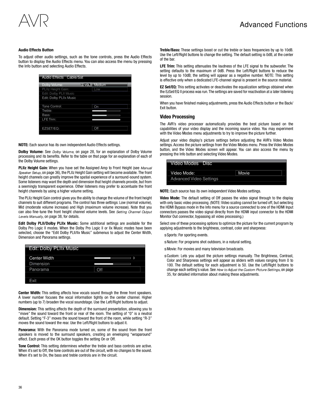 Harman-Kardon AVR 3700, AVR 2700 owner manual Advanced Functions, Video Processing, Audio Effects Button 