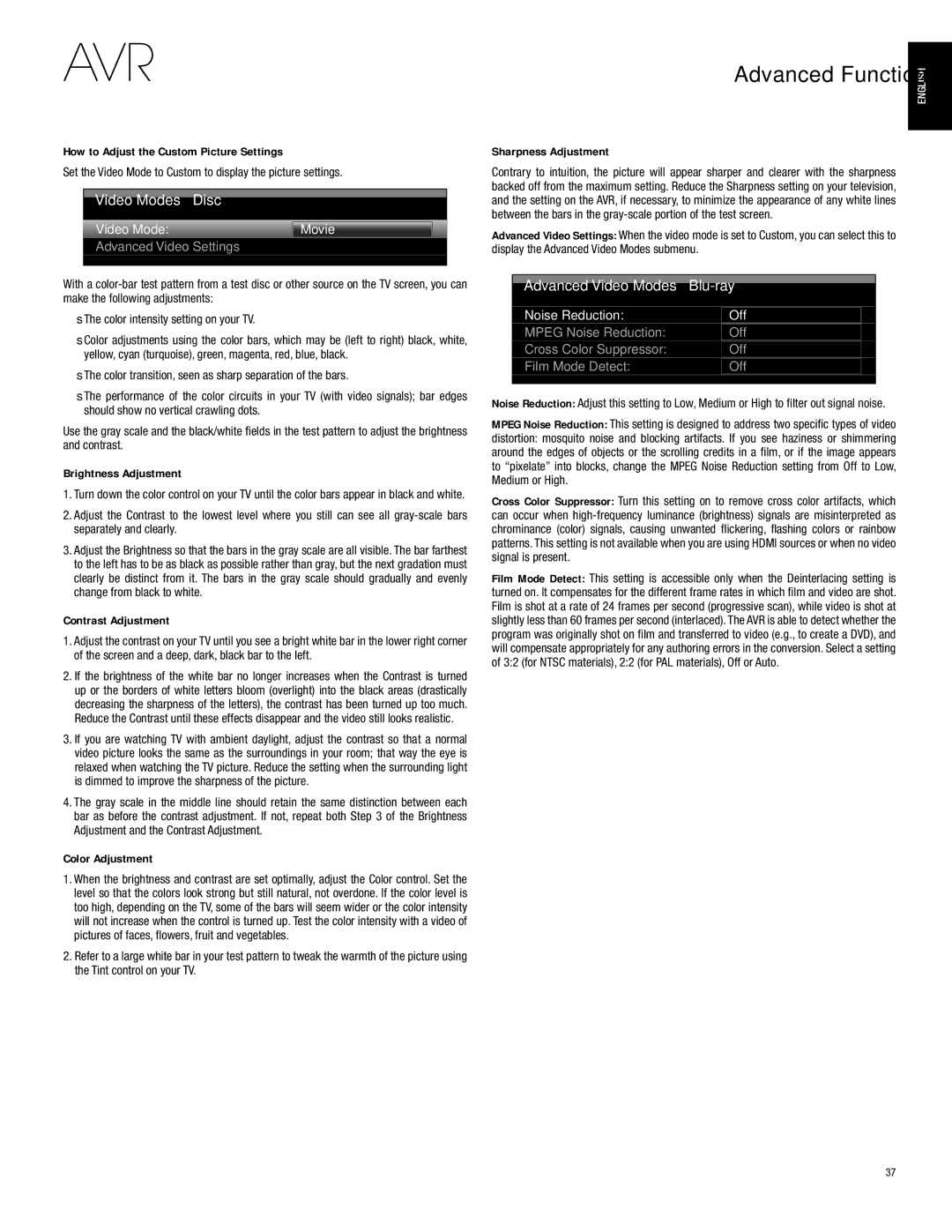 Harman-Kardon AVR 2700, AVR 3700 How to Adjust the Custom Picture Settings, Brightness Adjustment, Contrast Adjustment 