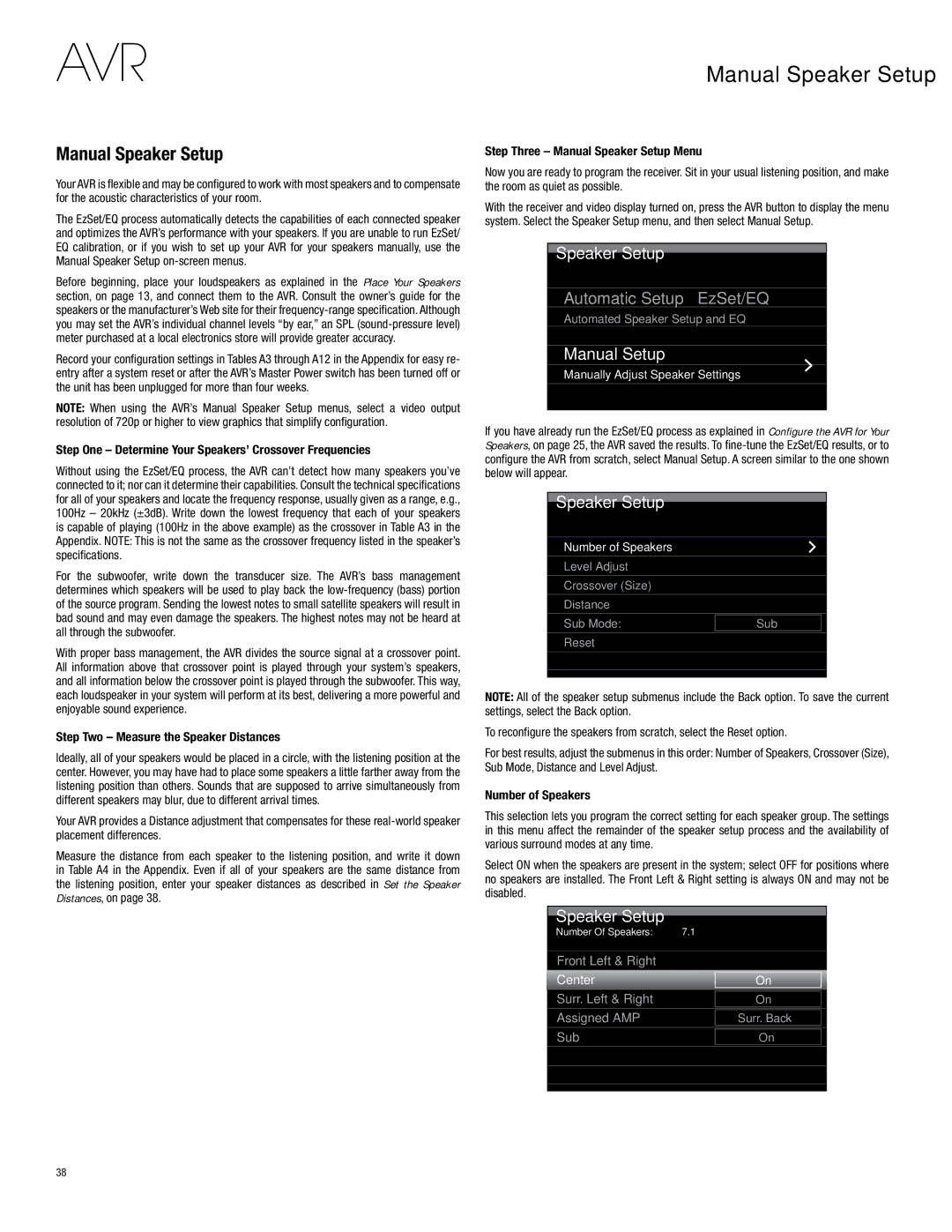 Harman-Kardon AVR 3700, AVR 2700 owner manual Manual Speaker Setup 