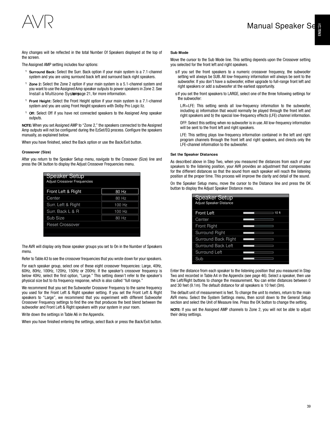 Harman-Kardon AVR 2700 Manual Speaker Setup, Crossover Size, Write down the settings in Table A6 in the Appendix, Sub Mode 