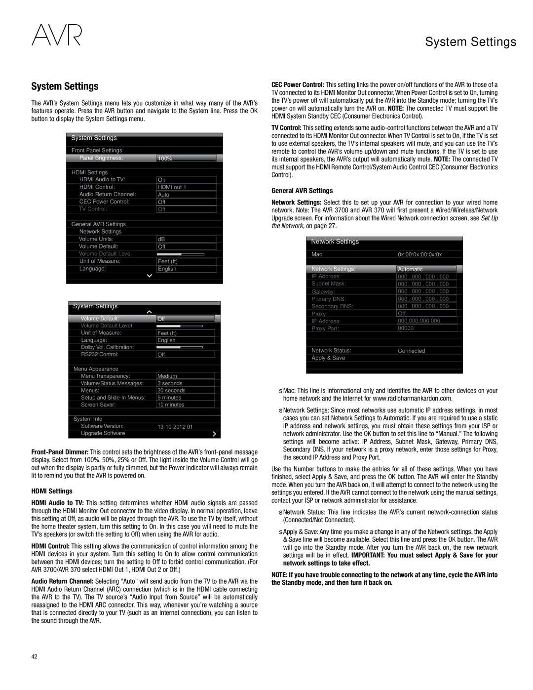 Harman-Kardon AVR 3700, AVR 2700 owner manual System Settings, Hdmi Settings, General AVR Settings 