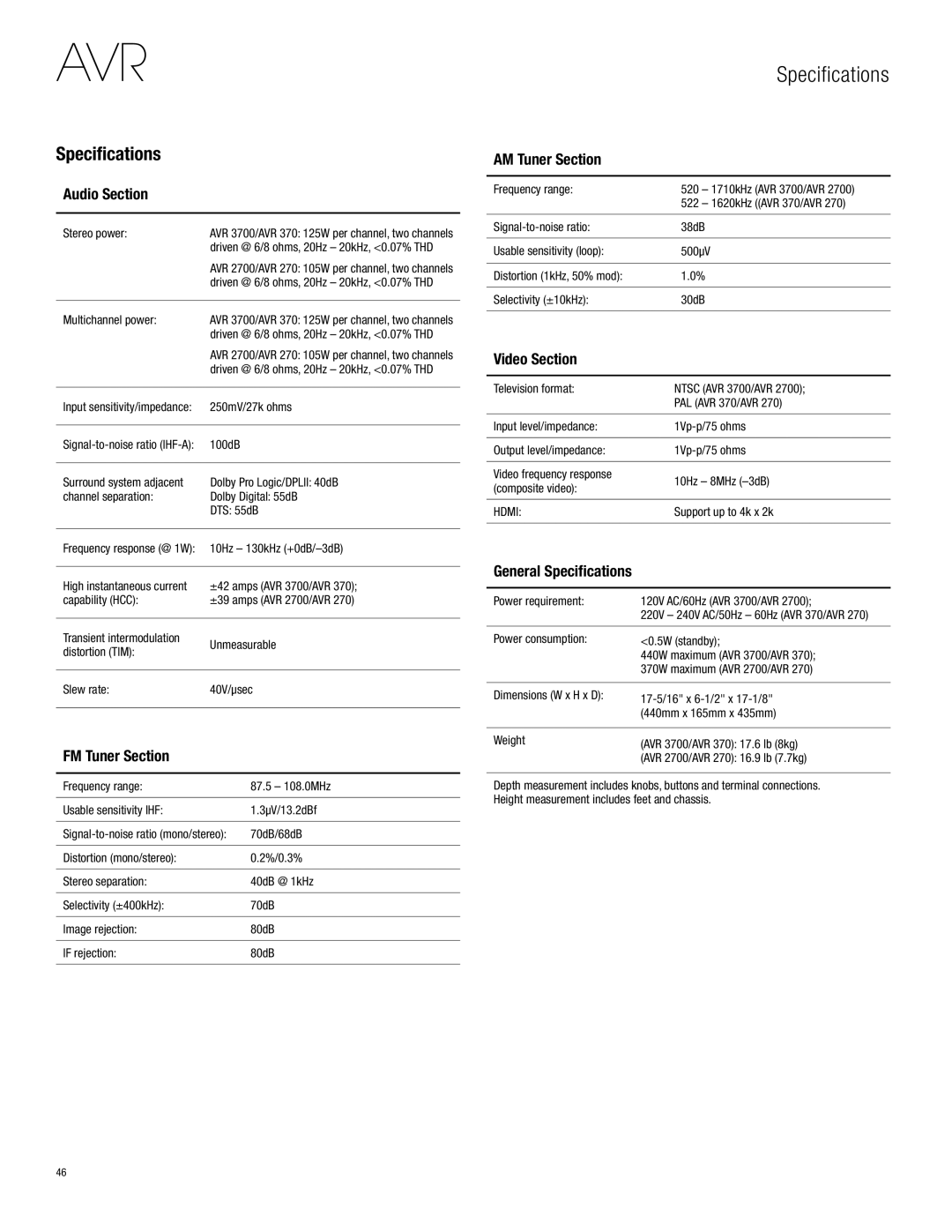 Harman-Kardon AVR 3700, AVR 2700 owner manual Specifications 