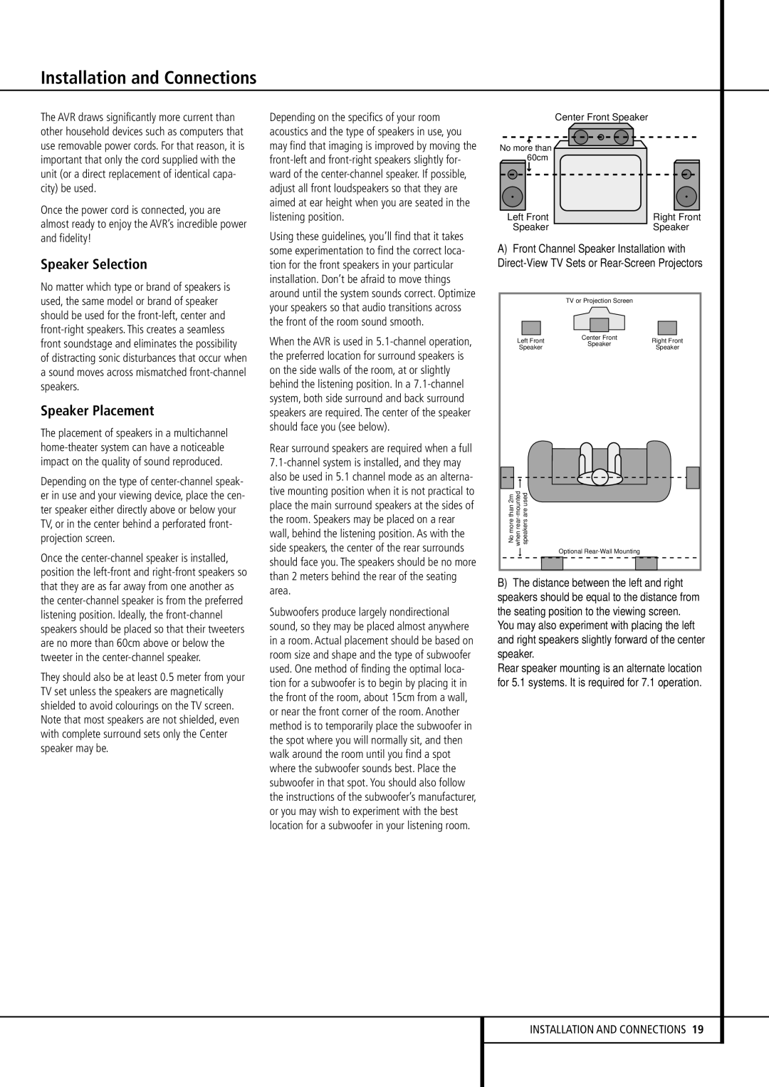 Harman-Kardon AVR 430 owner manual Speaker Selection, Speaker Placement 