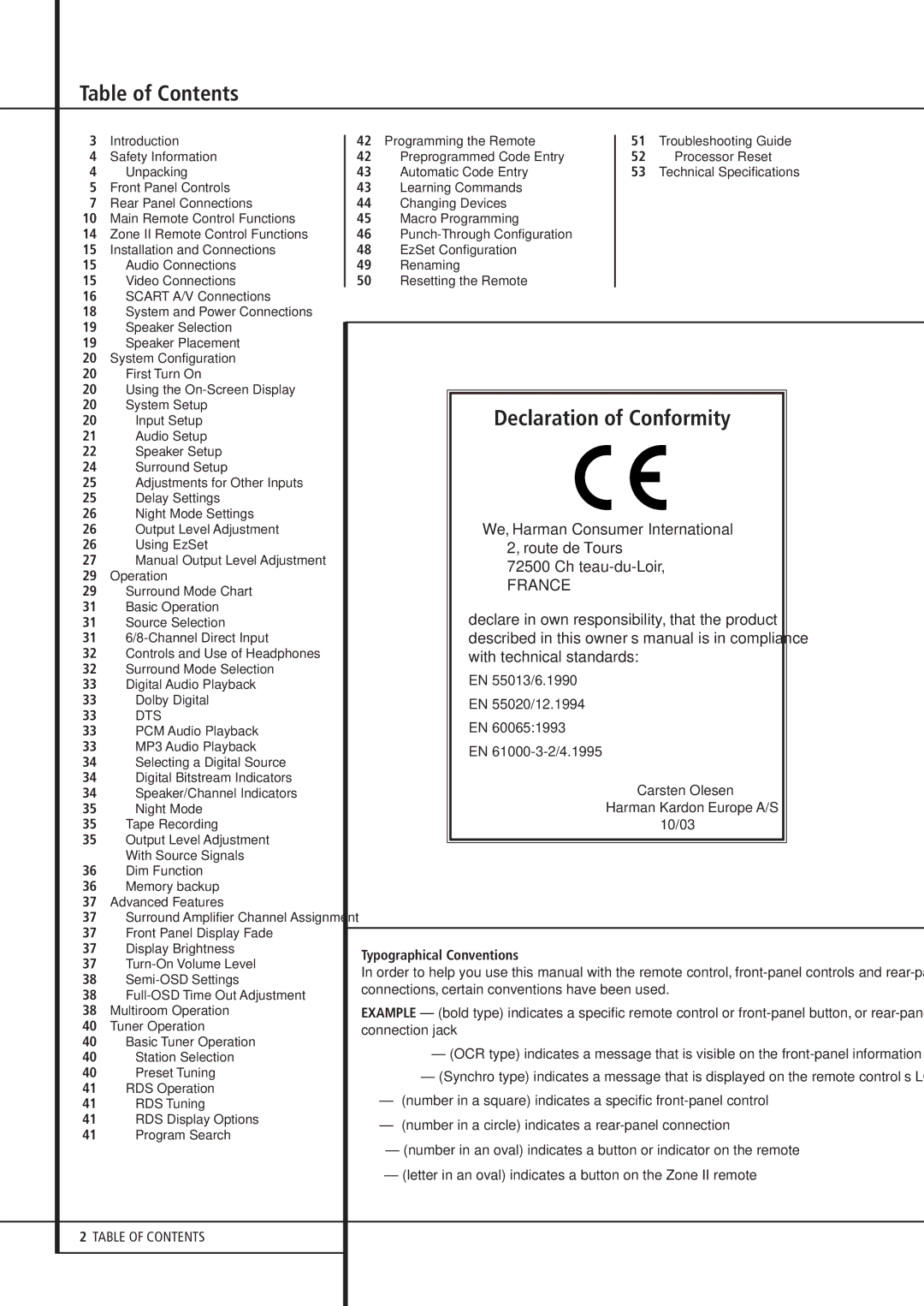 Harman-Kardon AVR 430 owner manual Table of Contents, Declaration of Conformity 