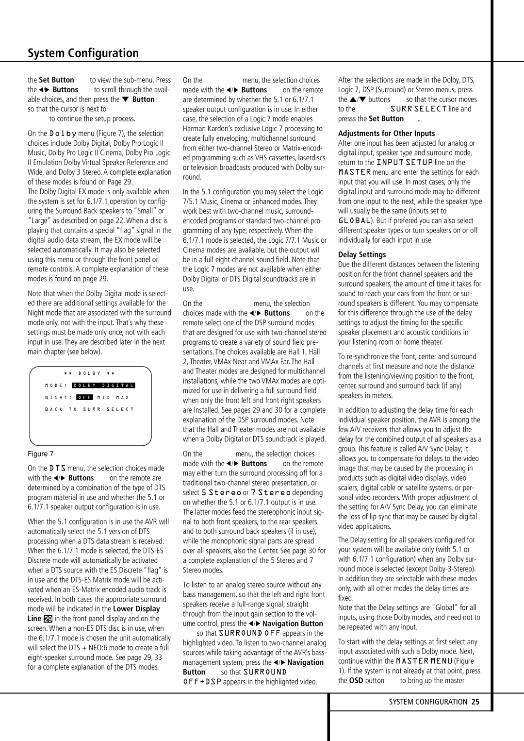 Harman-Kardon AVR 430 owner manual Adjustments for Other Inputs, Delay Settings 