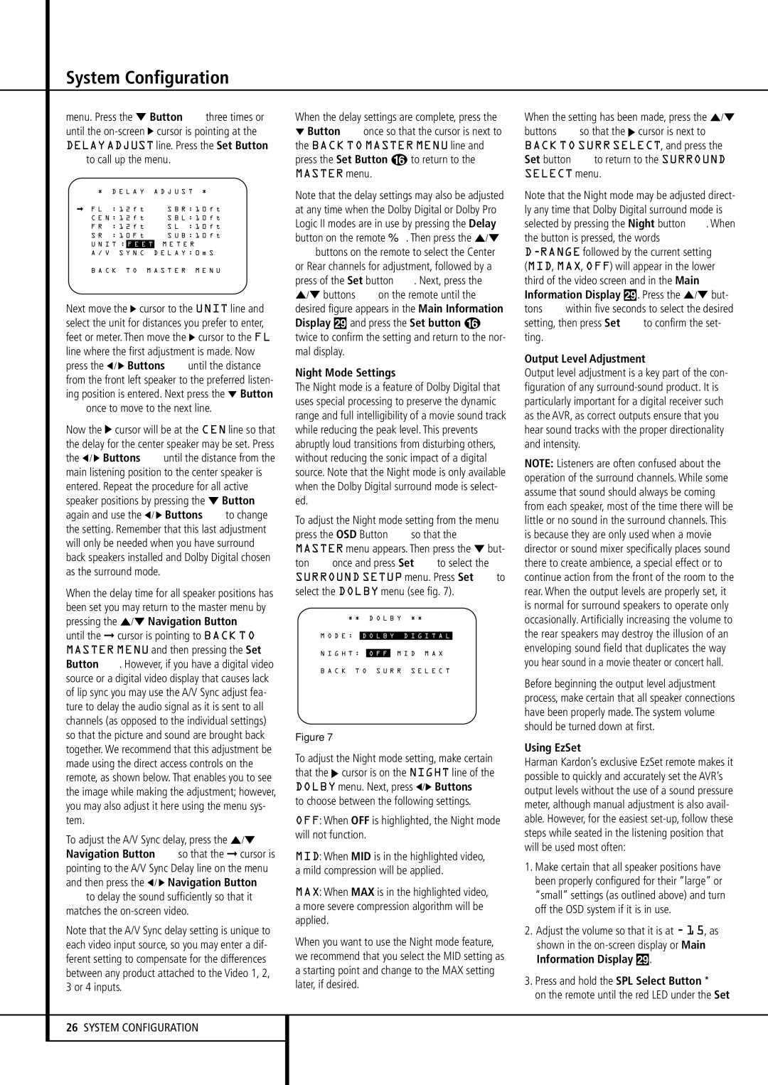 Harman-Kardon AVR 430 owner manual Button on the remote, Night Mode Settings, Output Level Adjustment, Using EzSet 