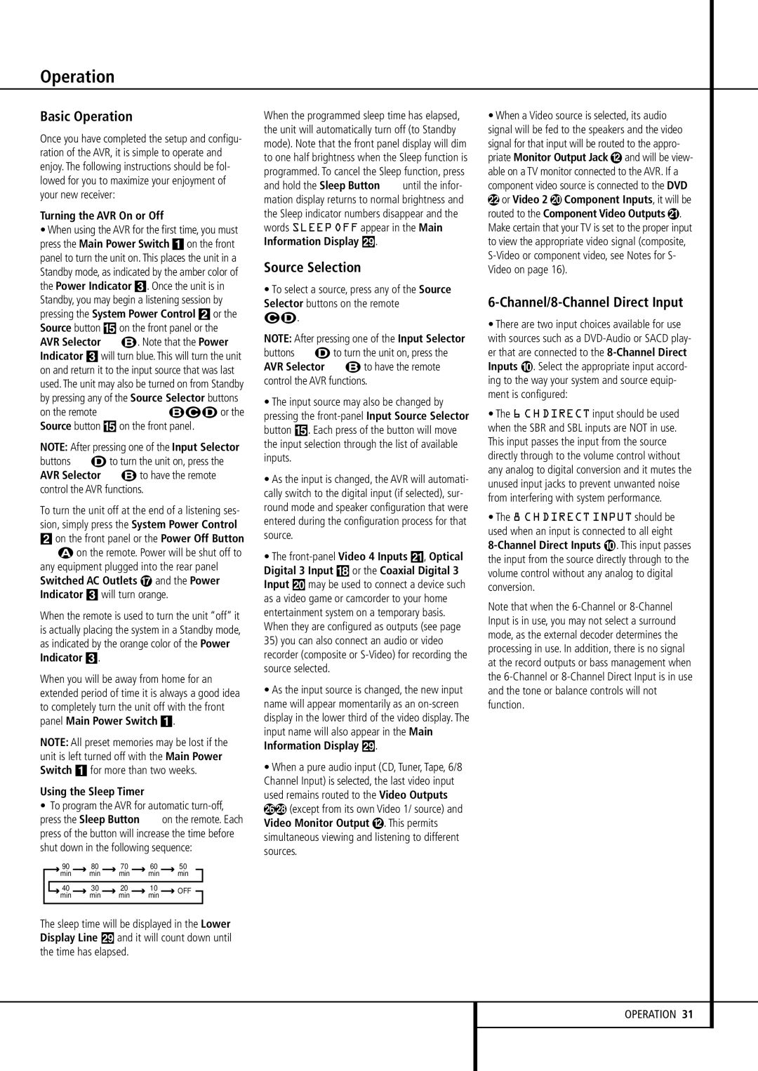 Harman-Kardon AVR 430 owner manual Basic Operation, Source Selection, Channel/8-Channel Direct Input 