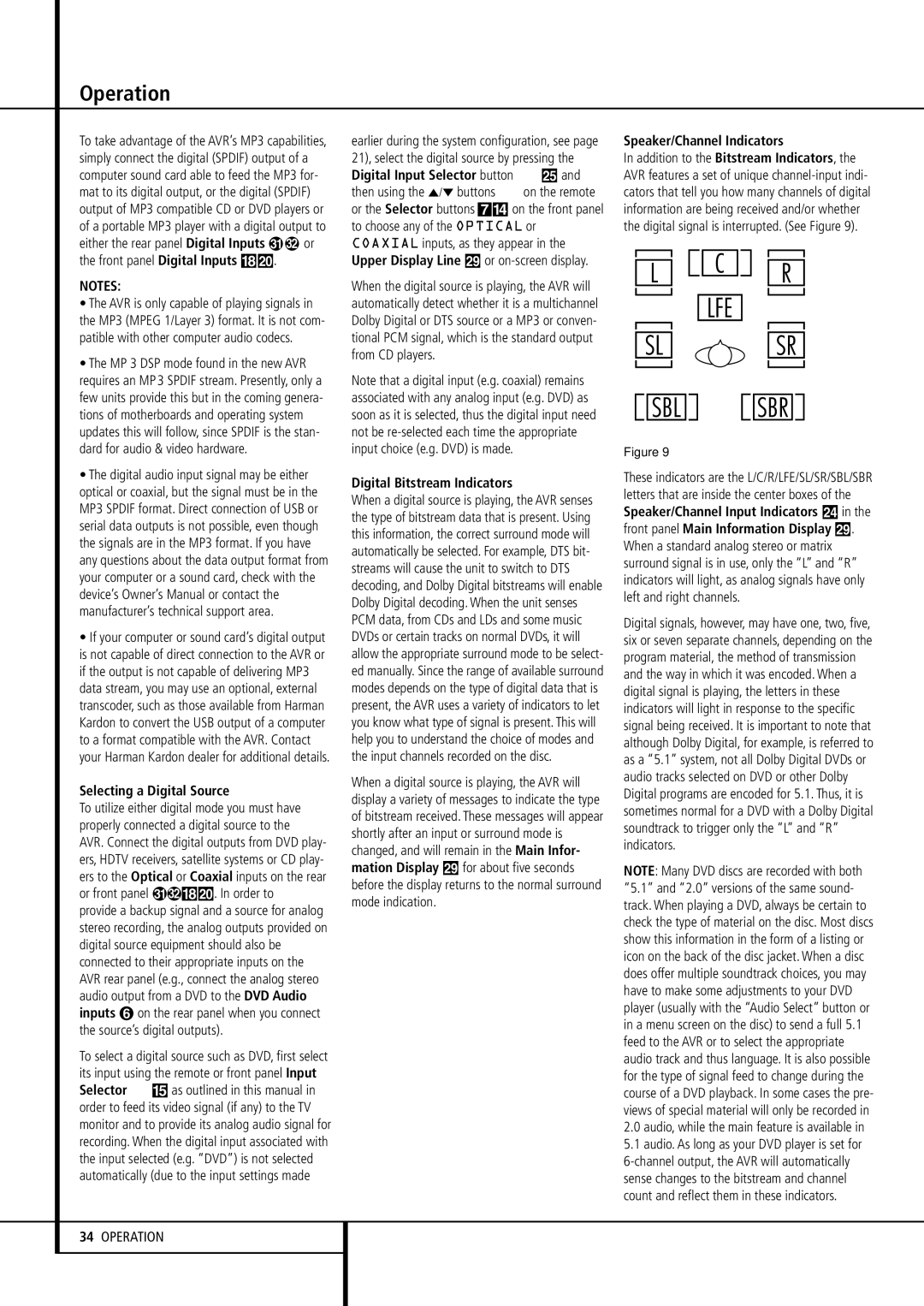 Harman-Kardon AVR 430 owner manual Selecting a Digital Source, Digital Bitstream Indicators, Speaker/Channel Indicators 