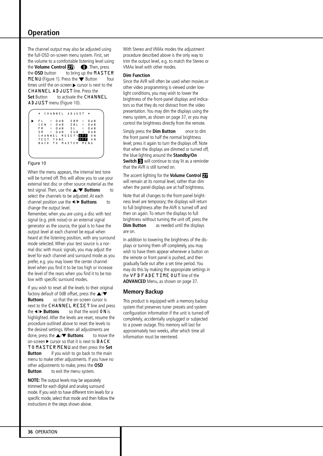 Harman-Kardon AVR 430 owner manual Memory Backup, Set Button Fto activate the Channel Adjust menu Figure, Dim Function 