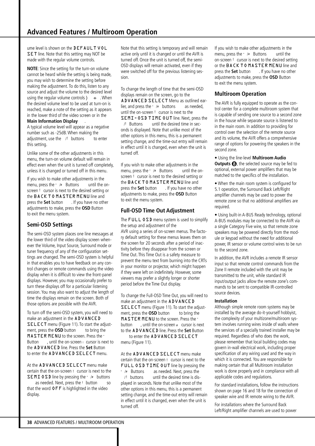 Harman-Kardon AVR 430 owner manual Advanced Features / Multiroom Operation, Semi-OSD Settings, Full-OSD Time Out Adjustment 