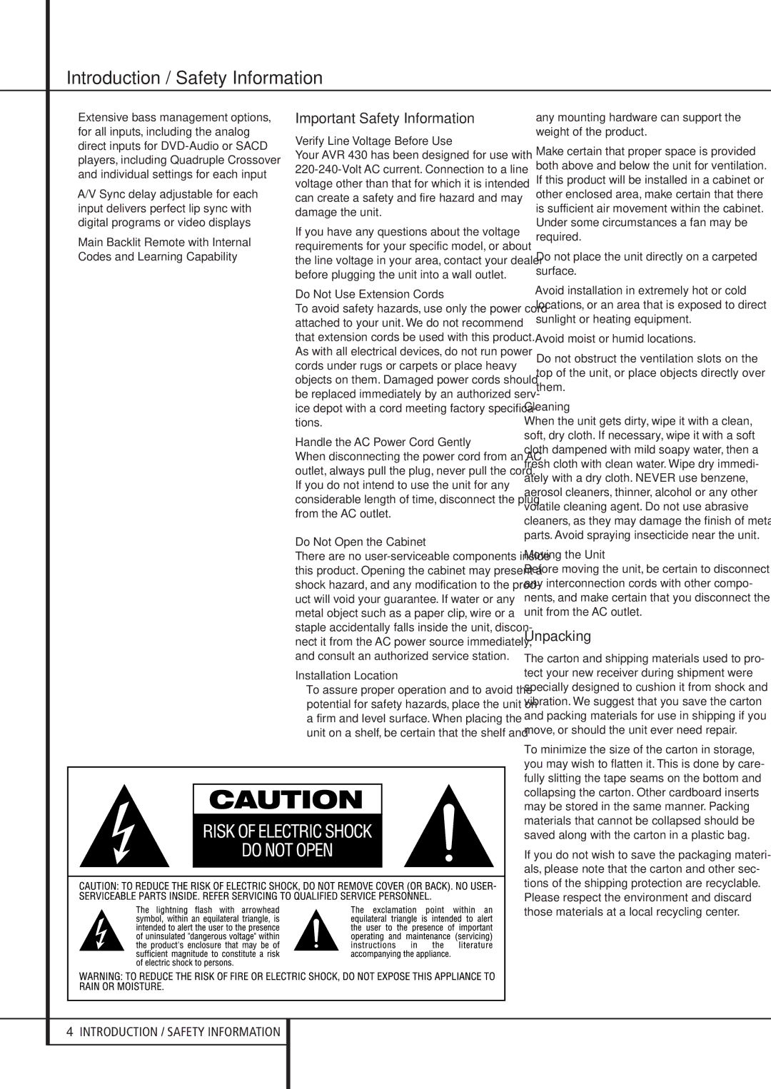 Harman-Kardon AVR 430 owner manual Introduction / Safety Information, Important Safety Information, Unpacking 