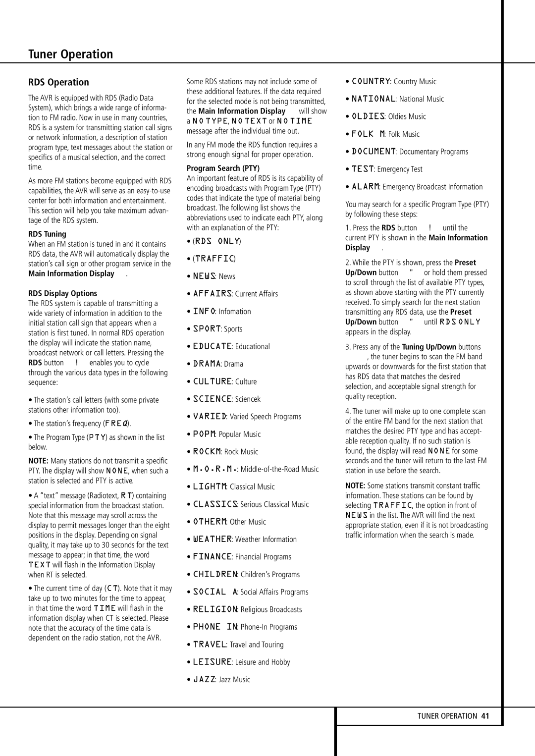 Harman-Kardon AVR 430 owner manual Tuner Operation, RDS Operation, RDS Tuning, RDS Display Options, Program Search PTY 