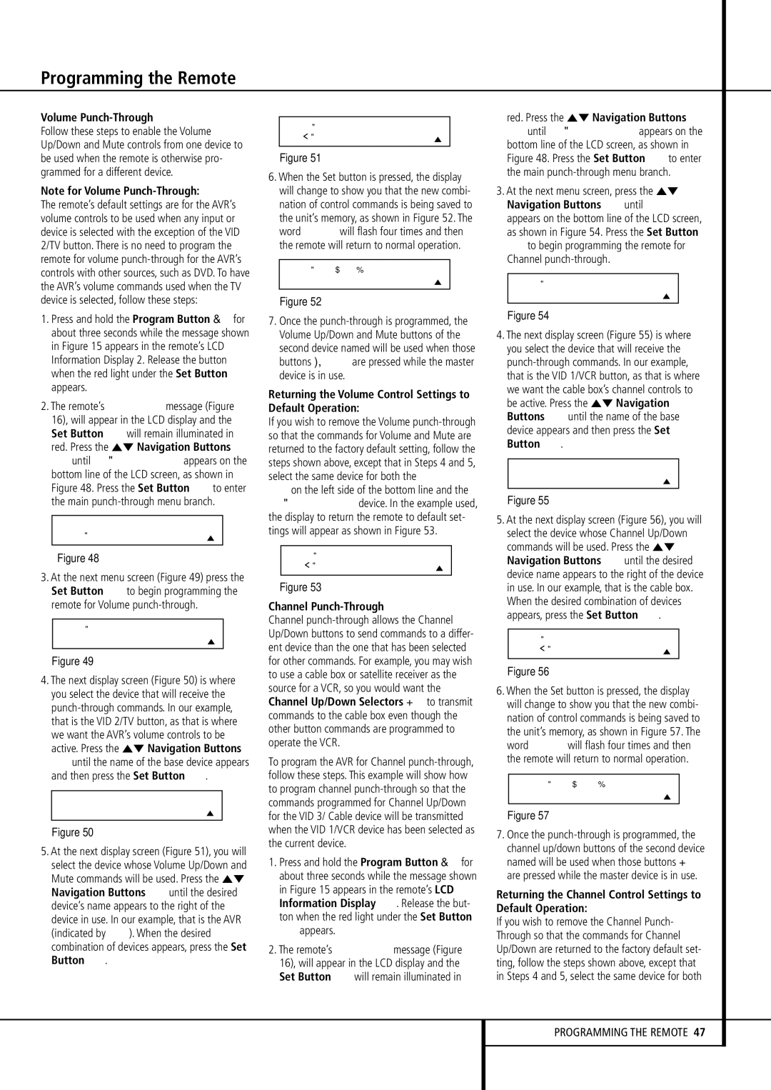 Harman-Kardon AVR 430 owner manual Volume Punch-Through, Returning the Volume Control Settings to Default Operation 