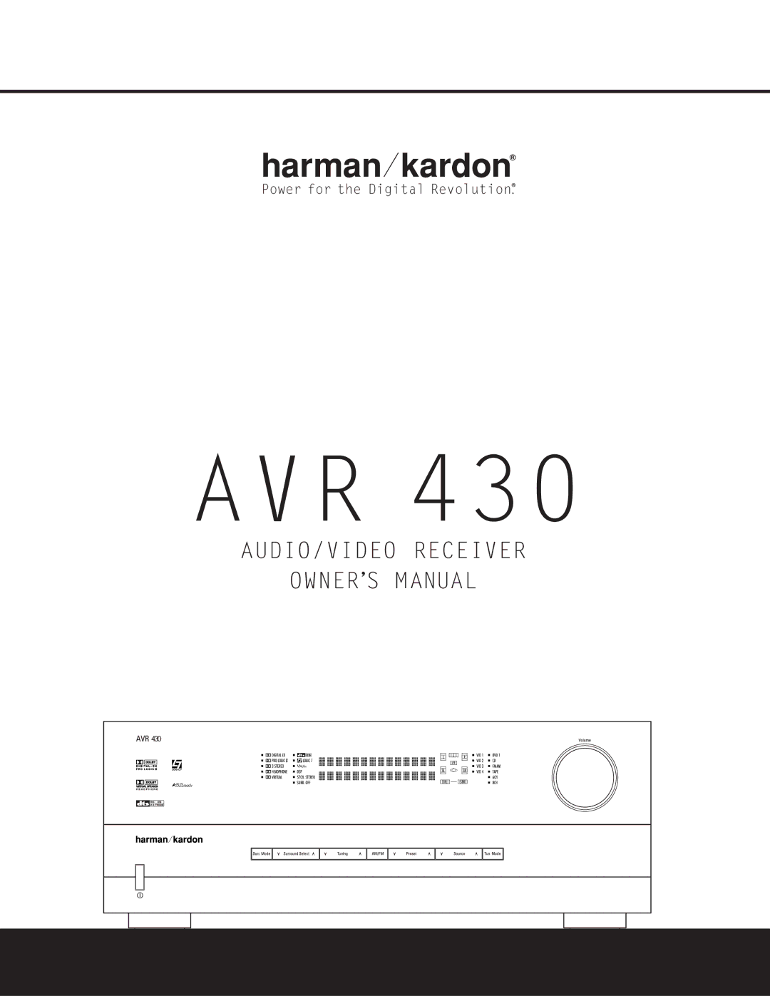 Harman-Kardon AVR 430 owner manual Avr, AUDIO/VIDEO Receiver 