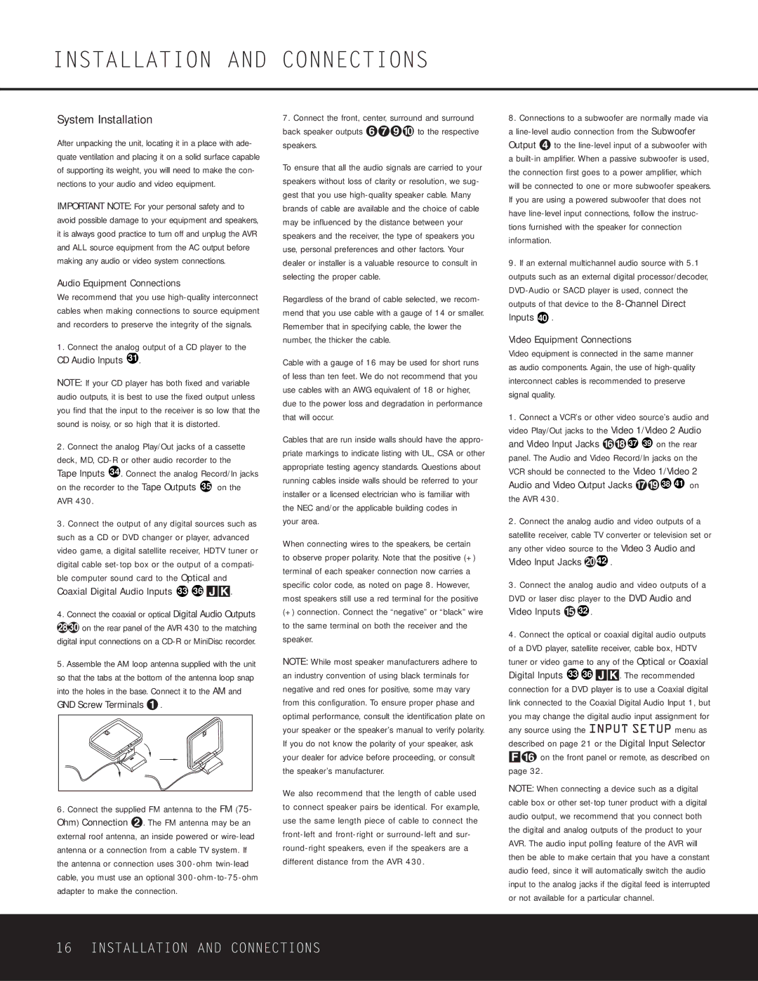 Harman-Kardon AVR 430 Installation and Connections, System Installation, Audio Equipment Connections, Your area 