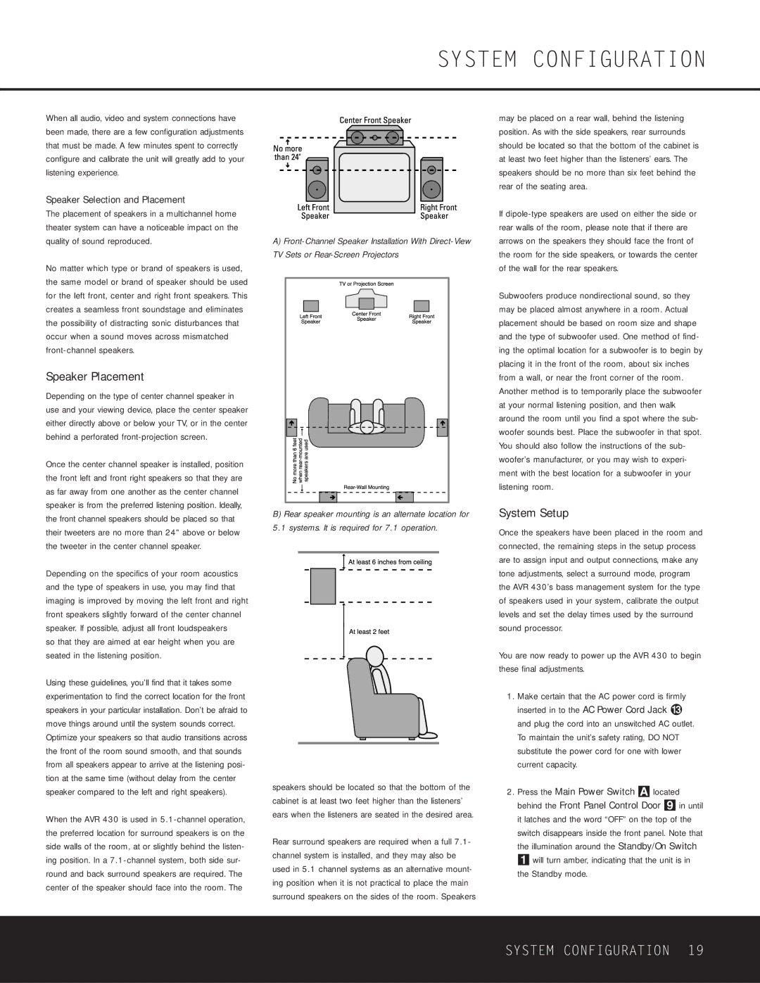 Harman-Kardon AVR 430 owner manual System Configuration, Speaker Placement, System Setup, Speaker Selection and Placement 