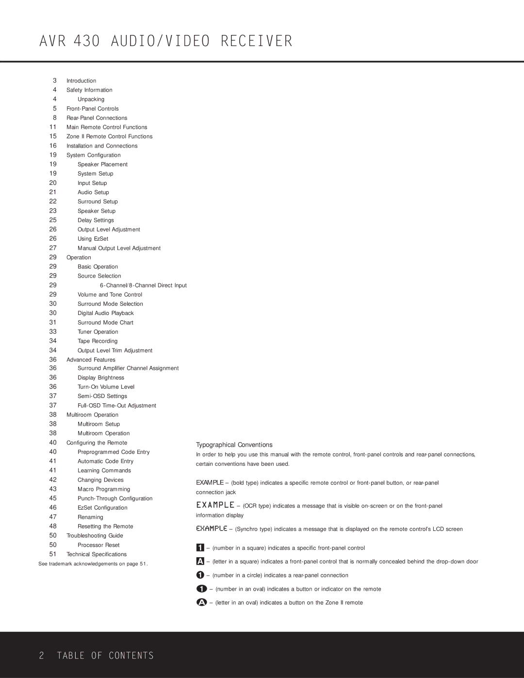 Harman-Kardon owner manual AVR 430 AUDIO/VIDEO Receiver, Table of Contents 