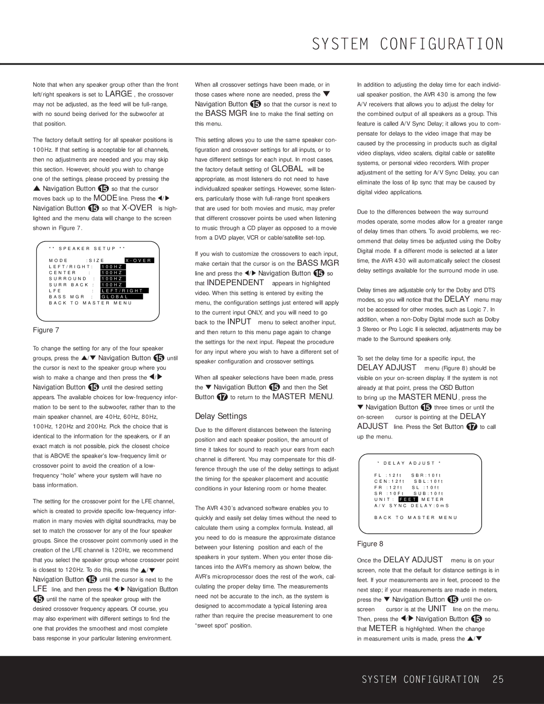 Harman-Kardon AVR 430 Delay Settings, To bring up the Master MENU, press, Measurement units is made, press the ⁄/¤ 