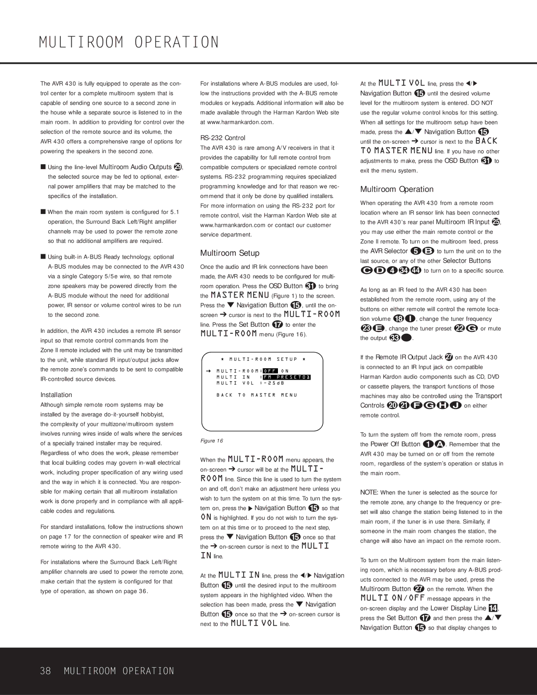 Harman-Kardon AVR 430 owner manual Multiroom Operation, Multiroom Setup 