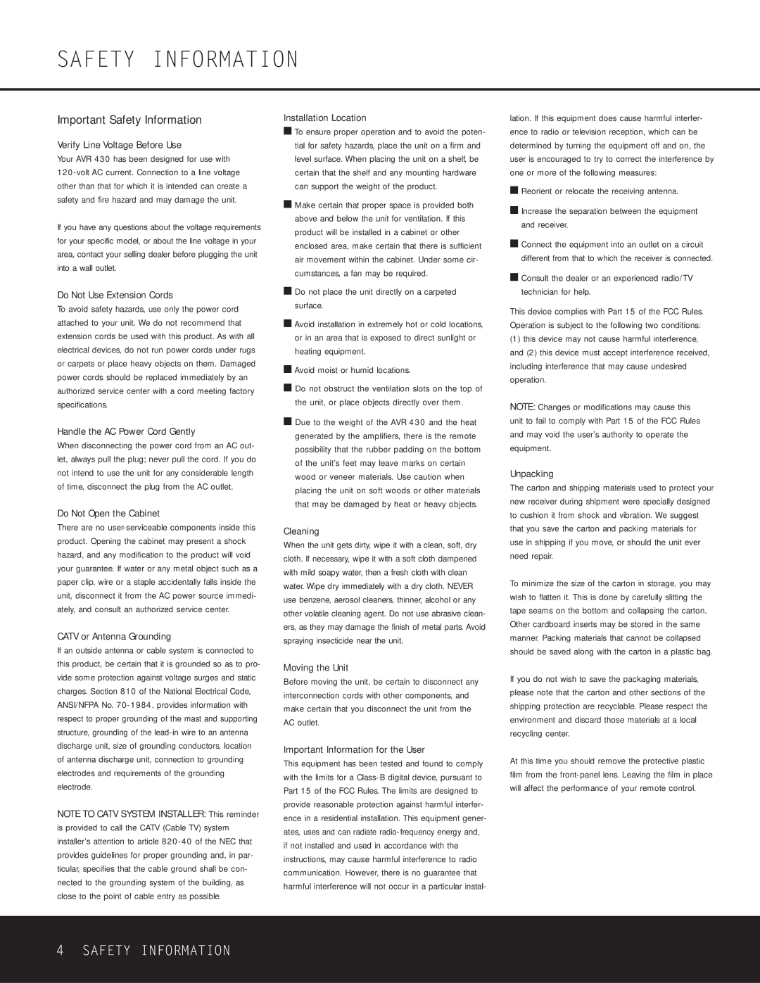 Harman-Kardon AVR 430 owner manual Important Safety Information 