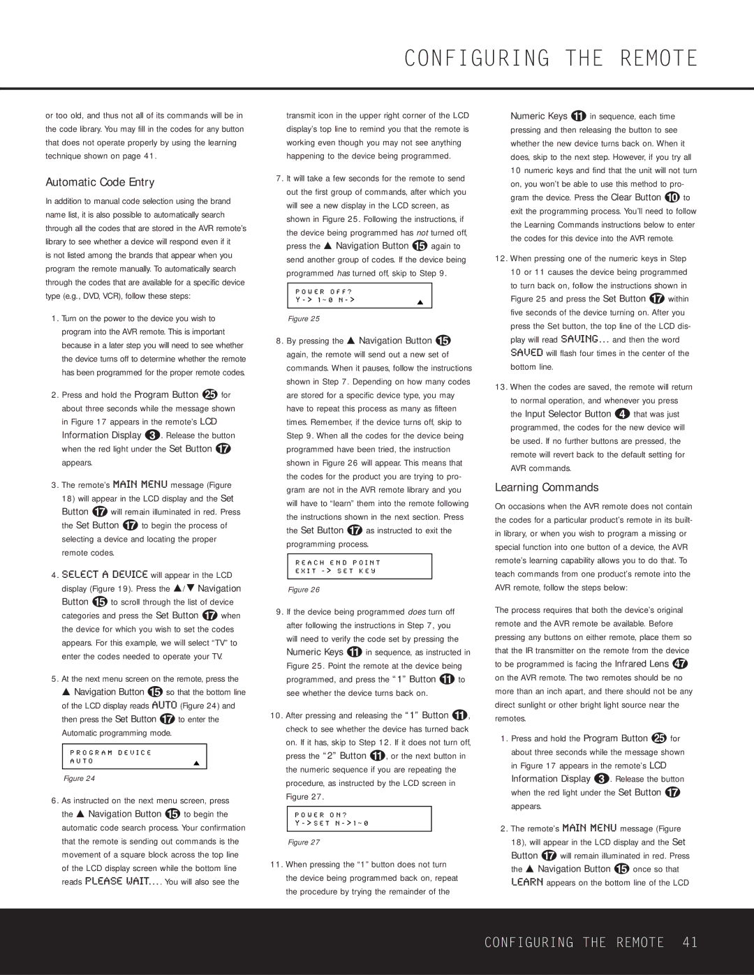 Harman-Kardon AVR 430 owner manual Automatic Code Entry, Learning Commands, Learn appears on the bottom line of the LCD 