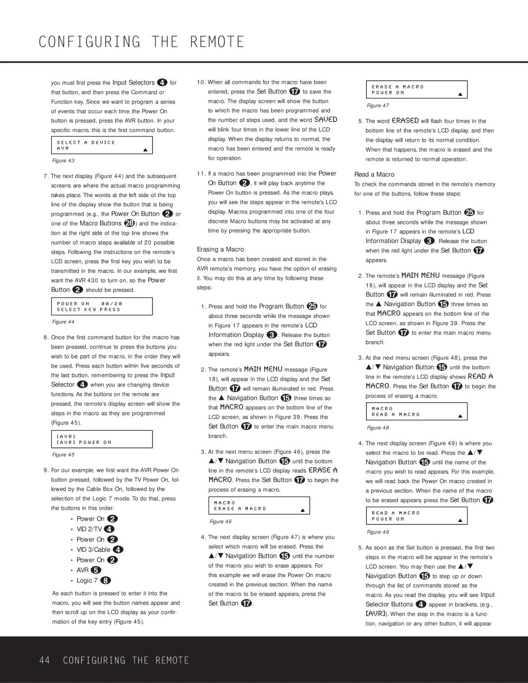 Harman-Kardon AVR 430 owner manual Power On VID 2/TV VID 3/Cable AVR Logic 7 h, Erasing a Macro, Read a Macro 