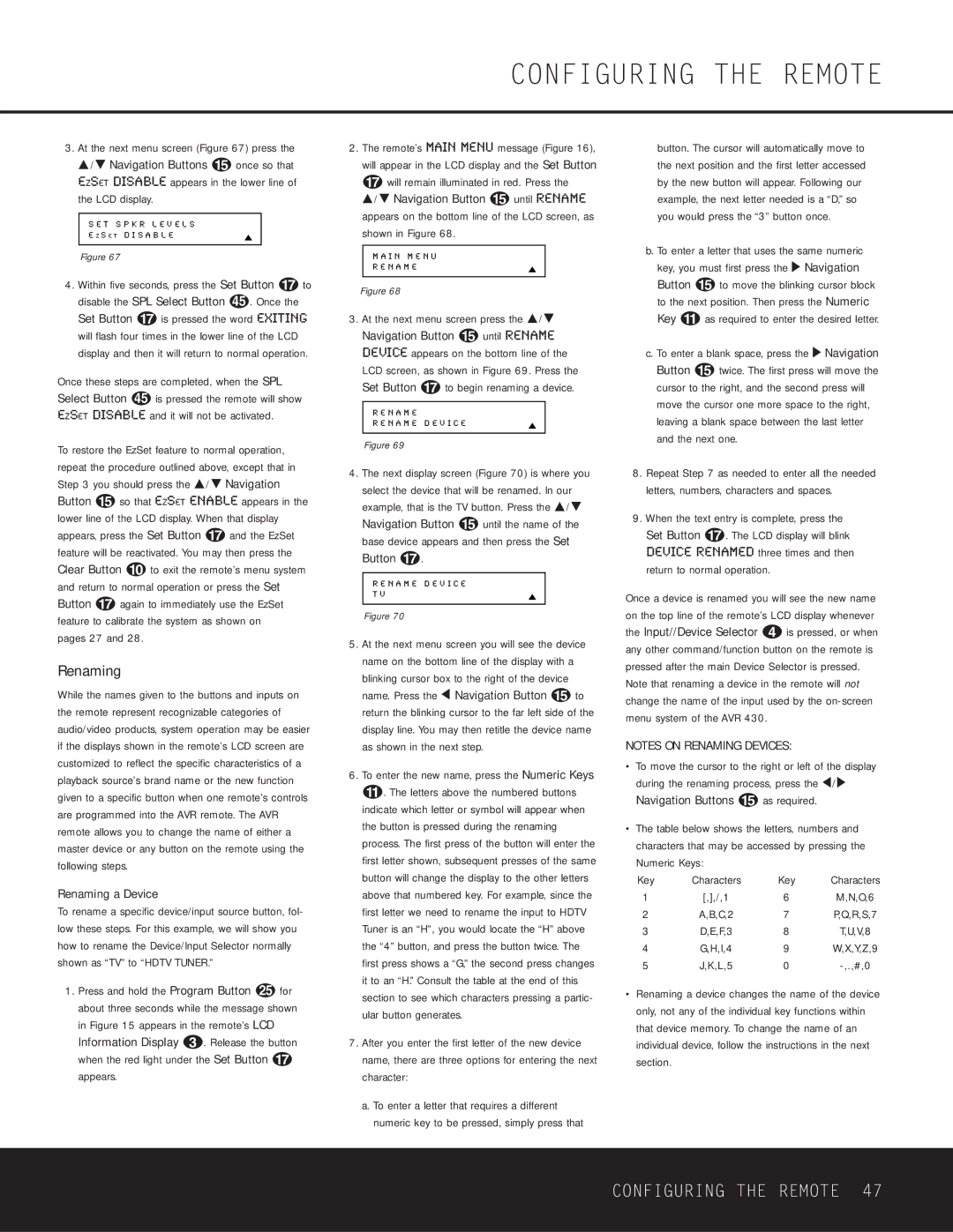 Harman-Kardon AVR 430 owner manual Pages 27, Renaming a Device, Numeric Keys, Characters 